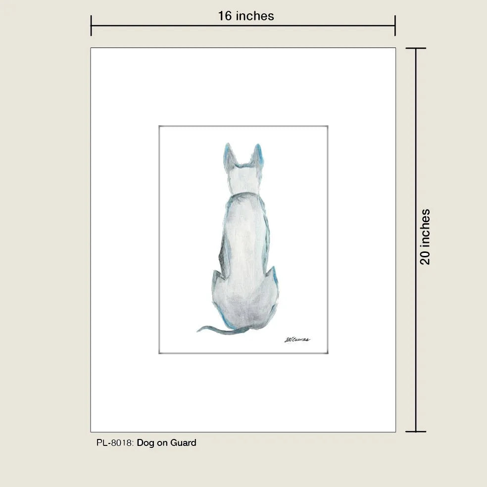 A fine art print of a dog sitting on guard, featuring soft blue and gray tones against a white background.