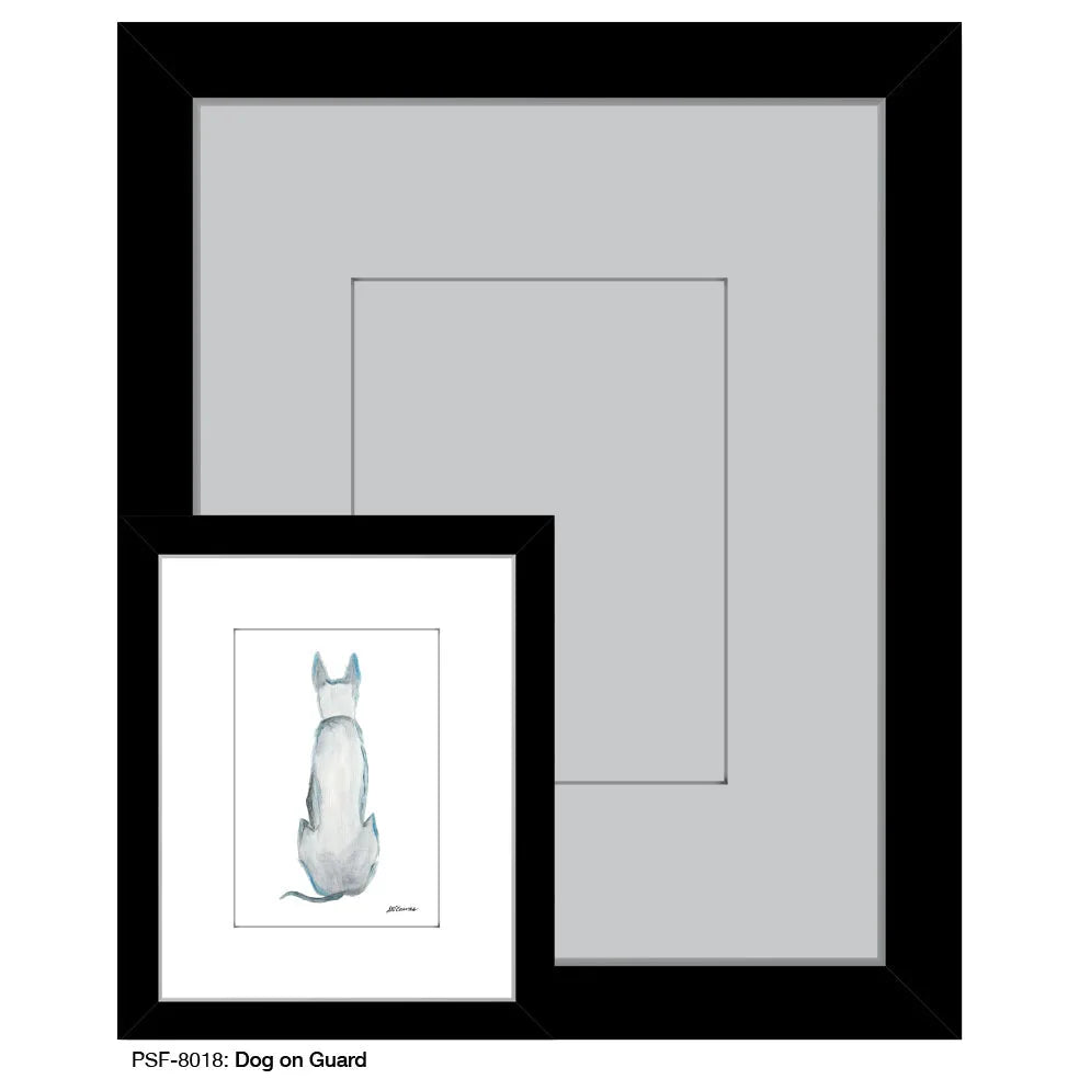 Framed art print of a dog on guard, featuring soft gray and white tones with a black frame for elegant decor.