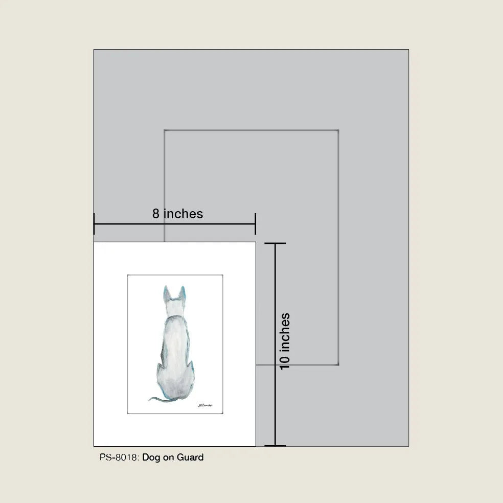 Fine art print featuring a dog on guard, presented in an 8x10 inch size with a white mat and clear protective sleeve.