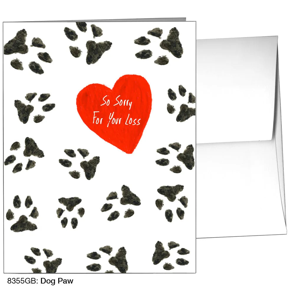 Greeting card featuring a red heart with "So Sorry For Your Loss" surrounded by black dog paw prints on a white background.