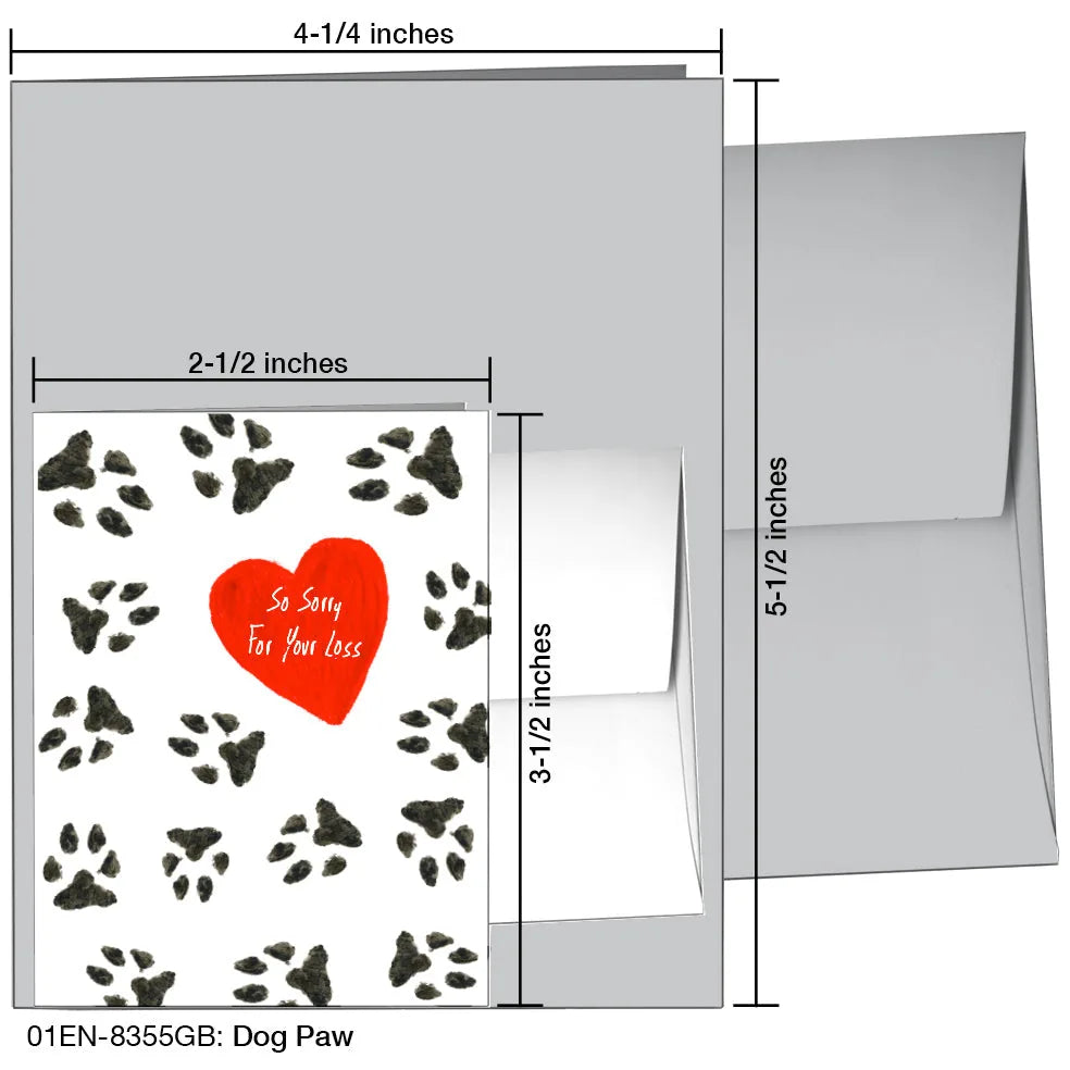 Dog Paw Greeting Card featuring a red heart and the text "So Sorry For Your Loss" surrounded by paw prints on a white back...