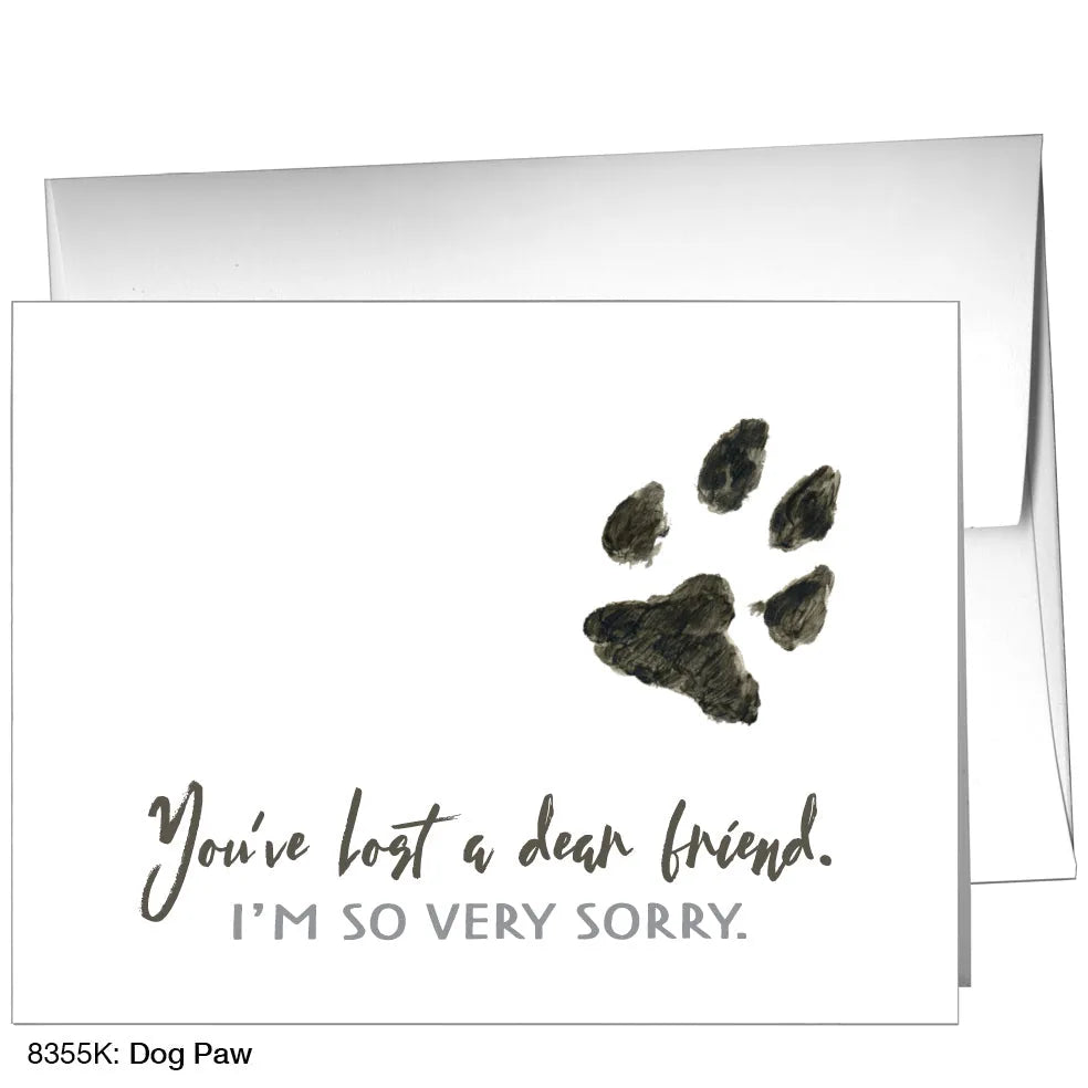 Dog Paw Greeting Card with heartfelt message, featuring a watercolor paw print design and blank interior for personal notes.