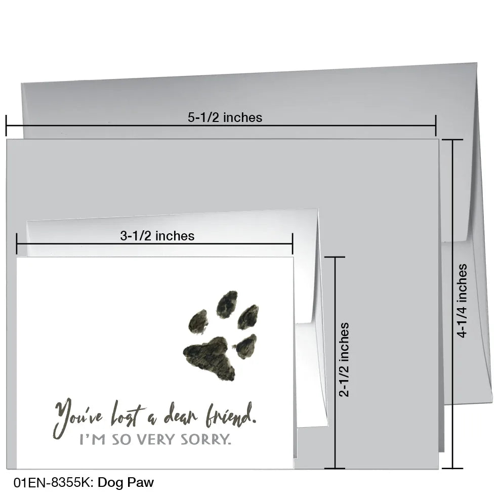 Dog Paw greeting card featuring a heartfelt message in gray lettering and a painted paw print on a white background.