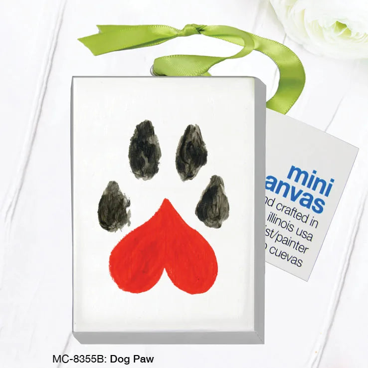 Mini canvas featuring a dog paw print in black with a red heart, accented by a green ribbon for display.