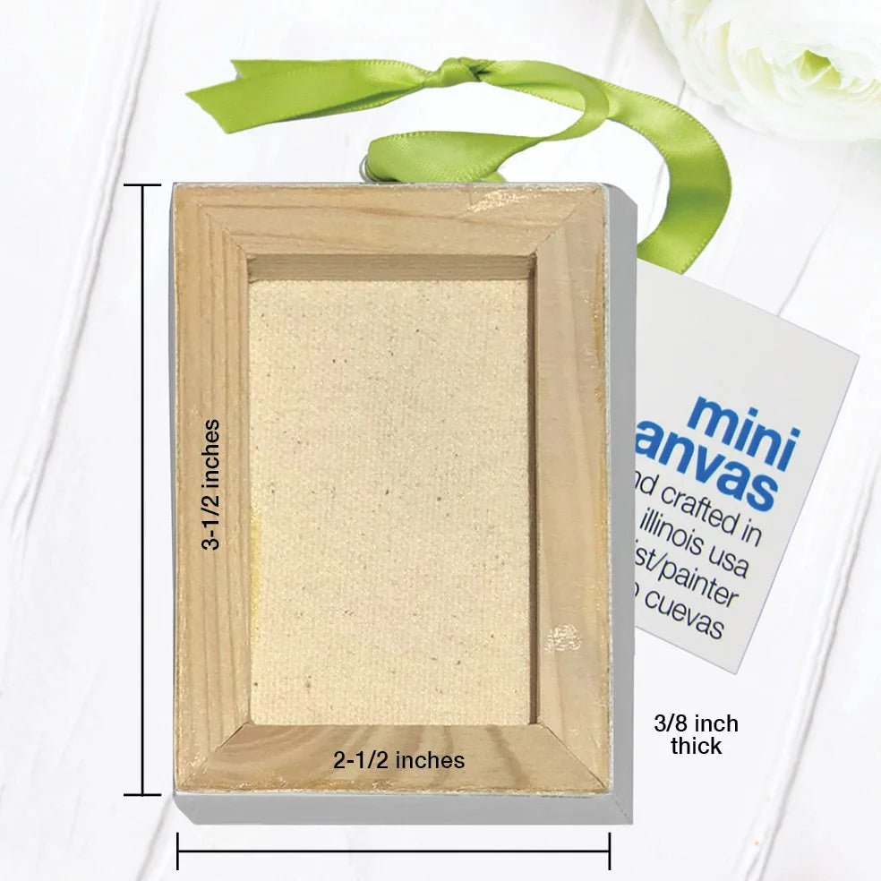 Mini canvas of a dog paw oil painting, 2.5x3.5 inches, with a green ribbon for easy hanging. Ideal gift for dog lovers.