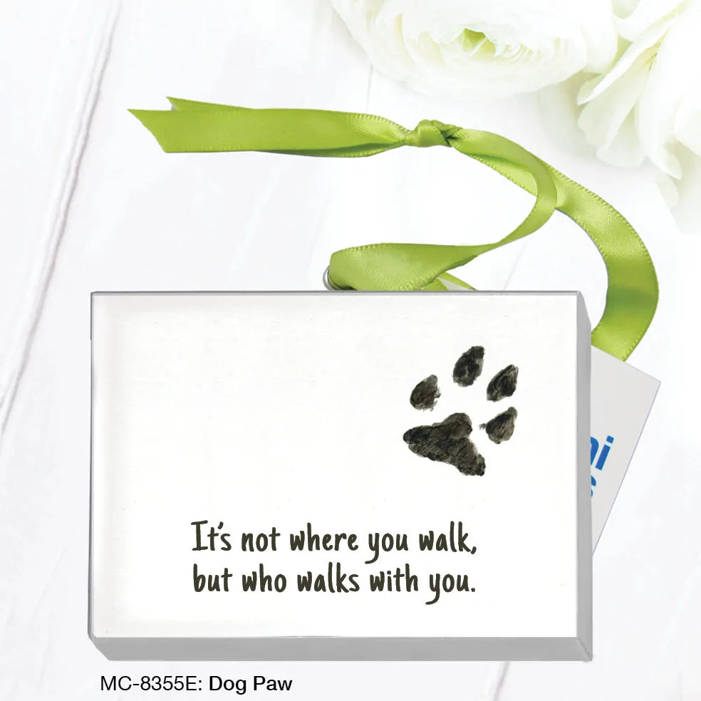 Mini canvas featuring a dog paw print and a heartfelt quote, adorned with a green ribbon for easy display.