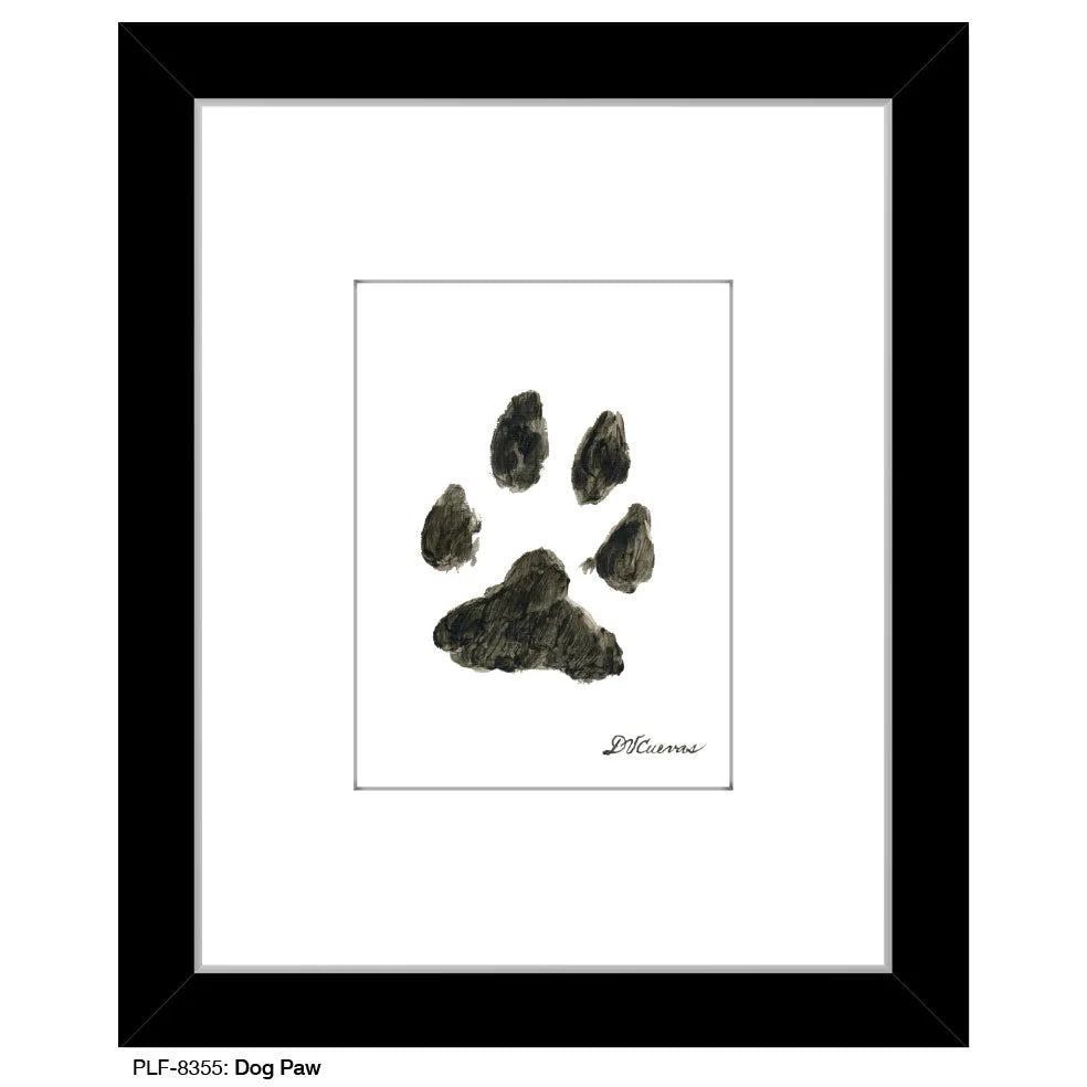 Framed art print featuring a realistic dog paw print in dark tones on a white background, signed by artist Danilo Cuevas.