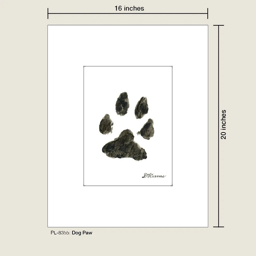 Elegant oil painting of a dog paw print, showcased in a white mat, perfect for pet wall decor.