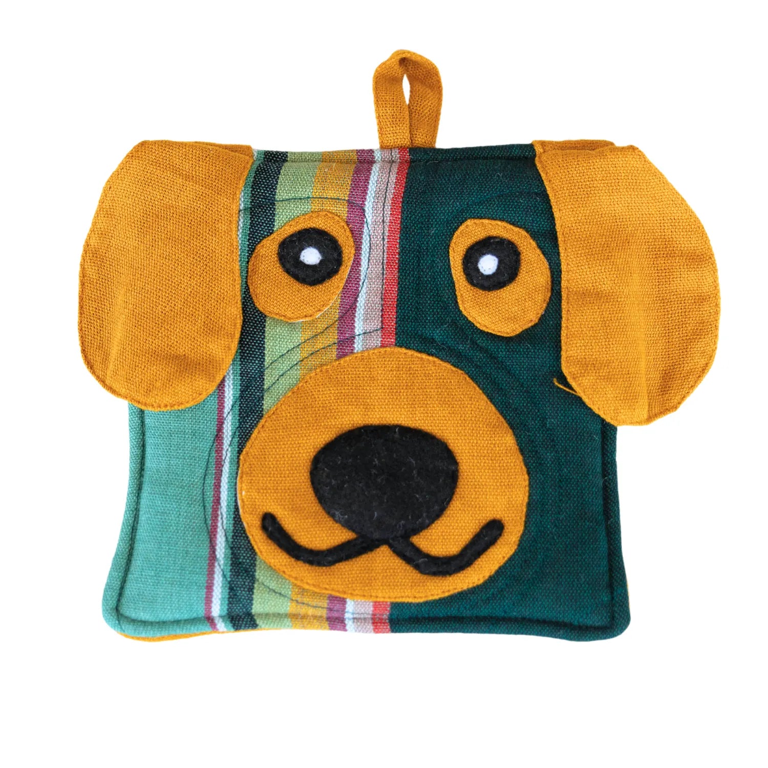 Handcrafted dog pot holder in green and yellow with playful canine design, made from 100% cotton for heat resistance.