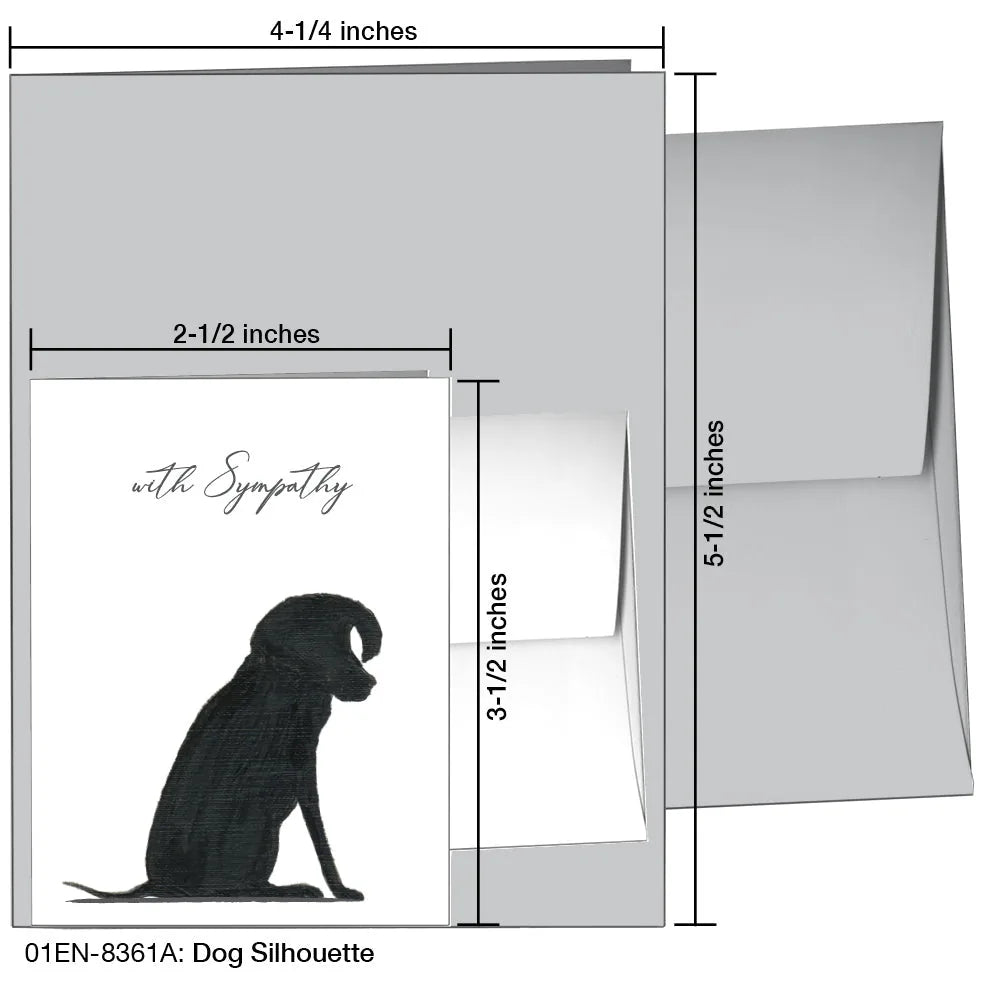 Black dog silhouette on a greeting card, with "with Sympathy" text above, blank inside, and accompanying envelope.