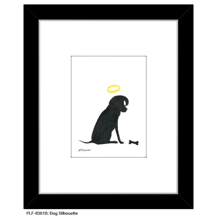 Framed silhouette print of a black dog with a halo, featuring a bone below, perfect for canine decor.