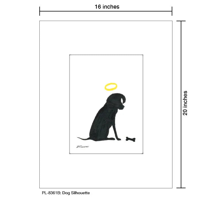 Black dog silhouette with a halo, sitting next to a bone, framed in bright white matting, measuring 16x20 inches.