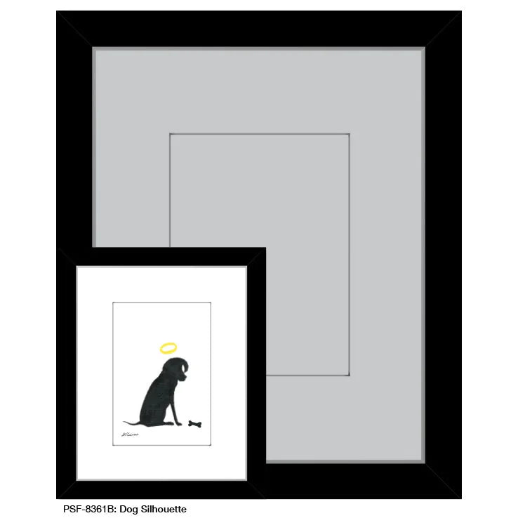 Framed dog silhouette print featuring a black dog with a halo against a white background, ideal for canine decor.