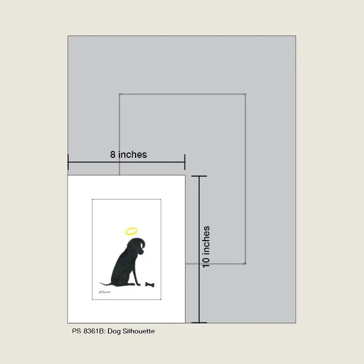 Dog silhouette print featuring a black outline with a halo and bone, framed in white, measuring 8x10 inches.