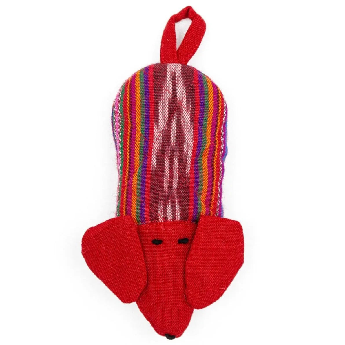 Red dog-shaped skillet handle holder with colorful striped fabric and embroidered details, handcrafted from cotton.