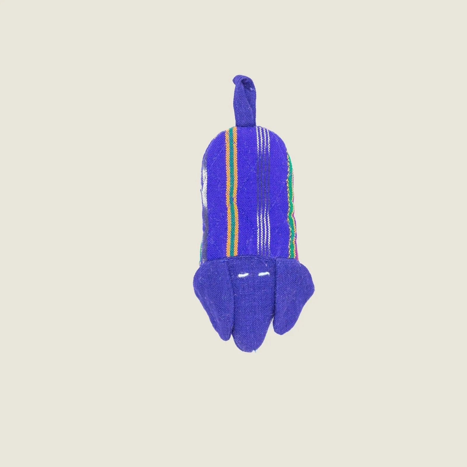 Bright purple dog handle holder with colorful stripes, crafted from cotton, featuring a playful design for skillet handles.