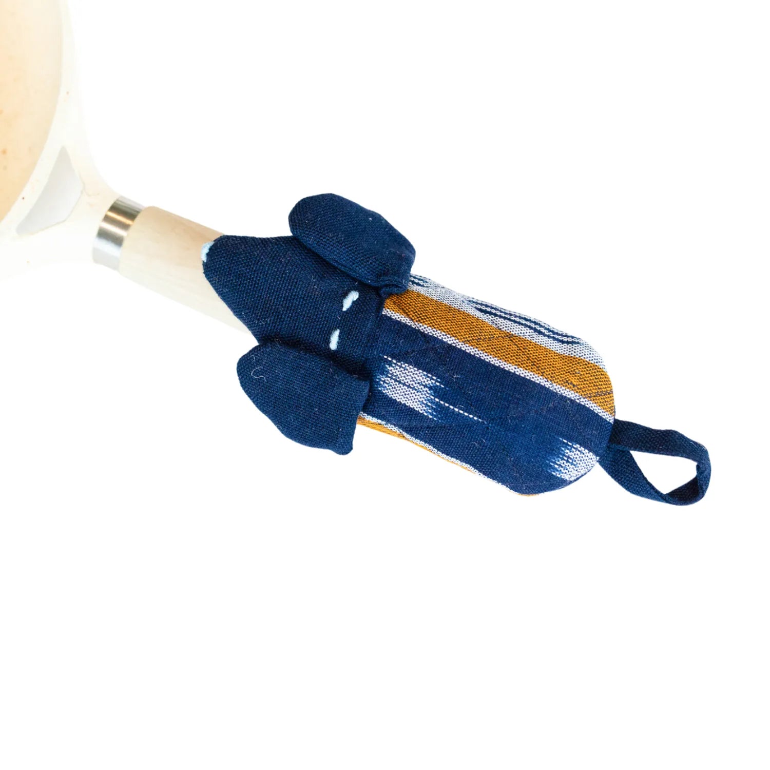 Heat-resistant dog design skillet handle holder in navy with colorful stripes, made from 100% cotton by Upavim Crafts.