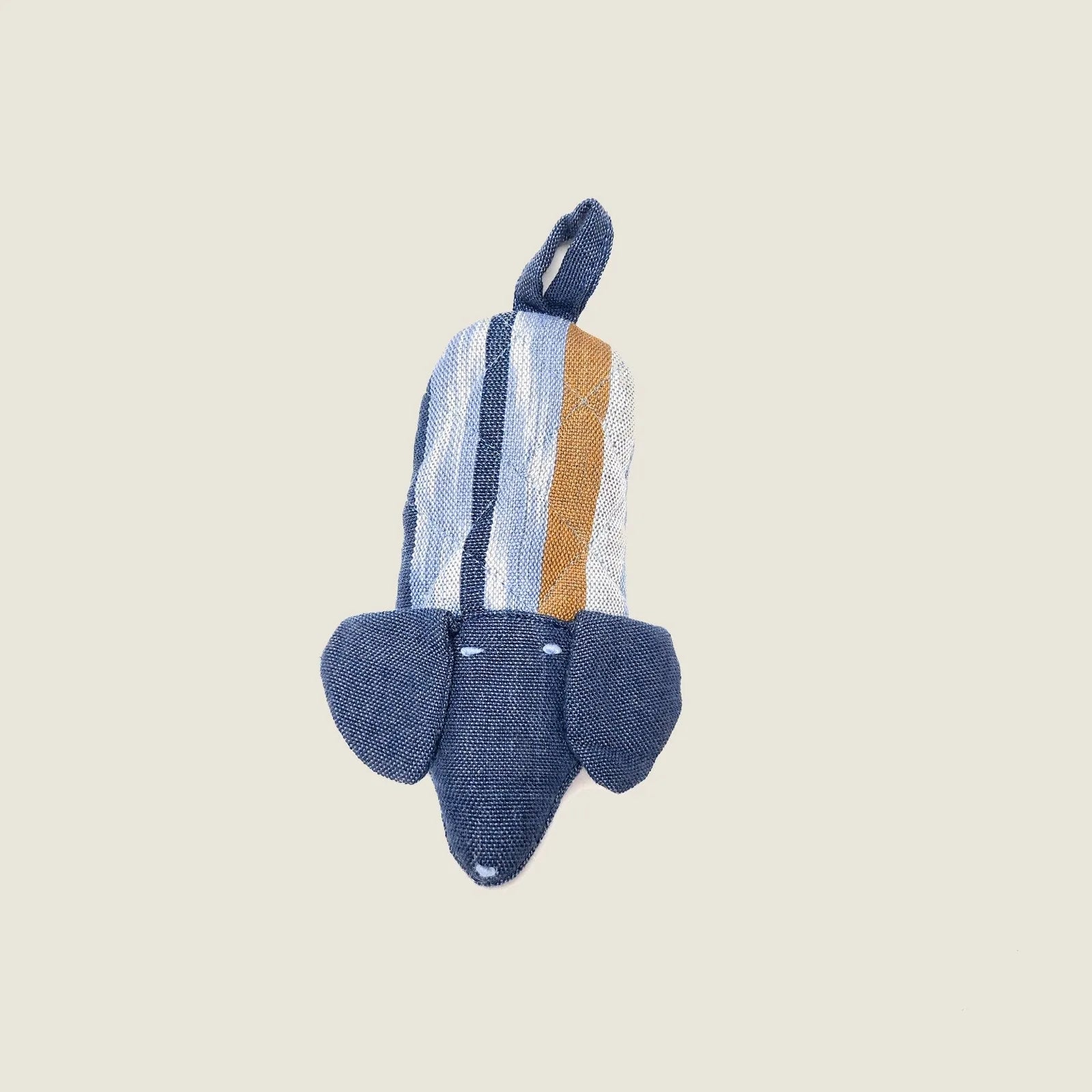 Handcrafted cotton dog skillet handle holder in blue and striped design, ideal for heat resistance and kitchen use.