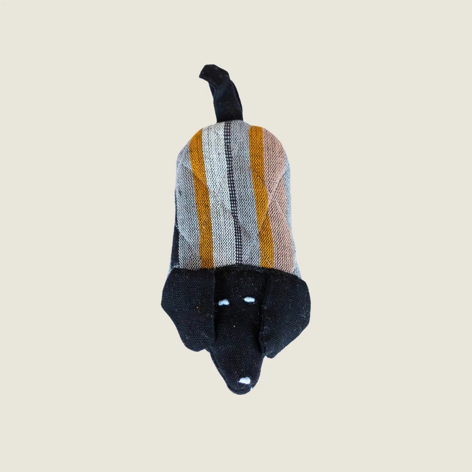 Handcrafted cotton dog skillet handle holder with a playful dog design, featuring stripes in earthy tones.