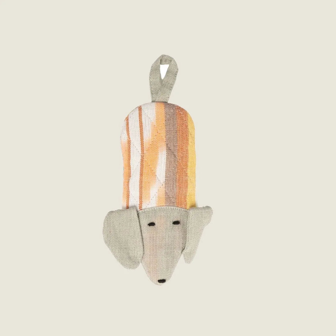 Handcrafted cotton pot handle cover featuring a charming dog design in warm colors, ideal for kitchen use.