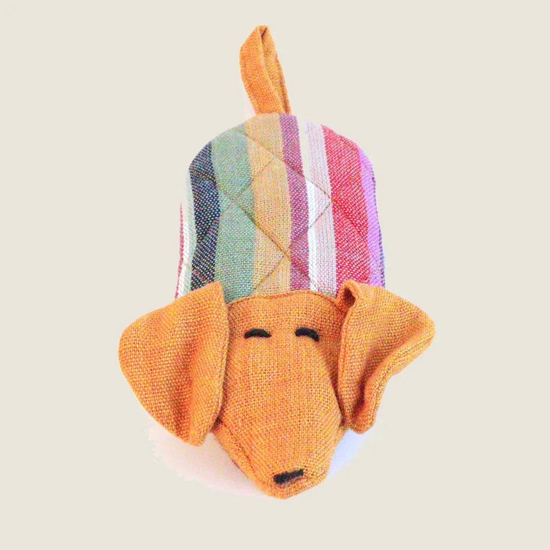 Colorful dog-shaped skillet handle holder in cotton, featuring bright stripes and embroidered details.