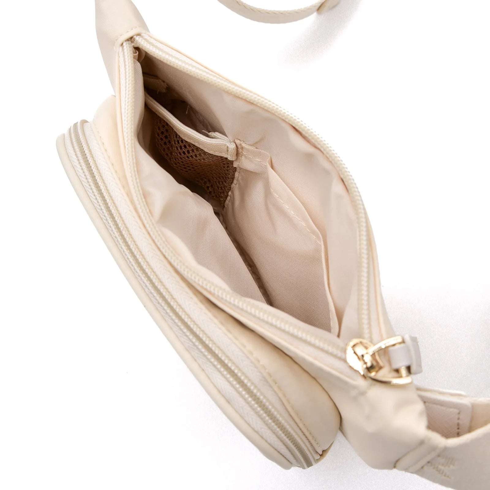 Lightweight beige dog walking bag with multiple pockets and a concealed poo bag dispenser, featuring gold zipper details.