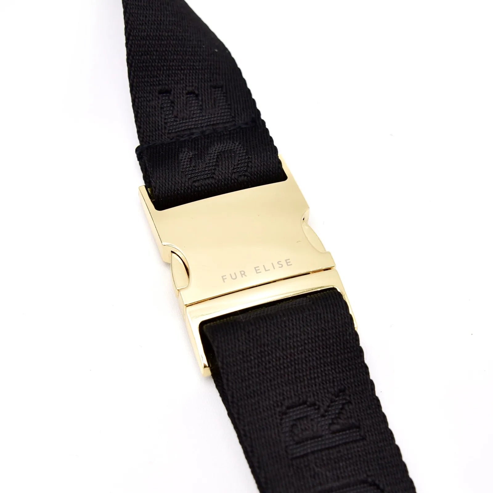 Close-up of the gold buckle on the adjustable black nylon belt of the Dog Walking Bag - Noir by Elise Galleria.
