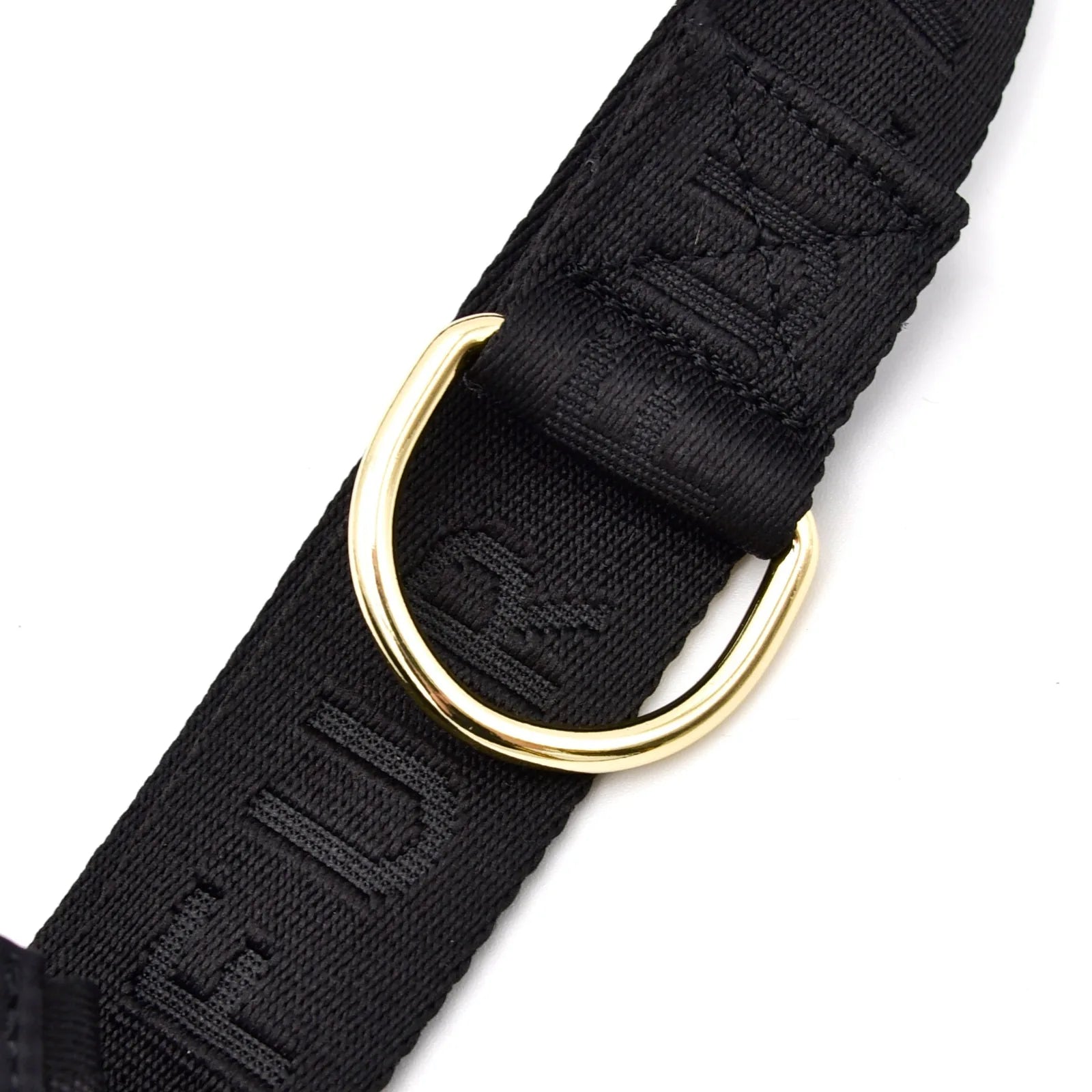 Gold D-ring attached to a sleek black nylon strap labeled with "FUR" for the Dog Walking Bag - Noir by Elise Galleria.