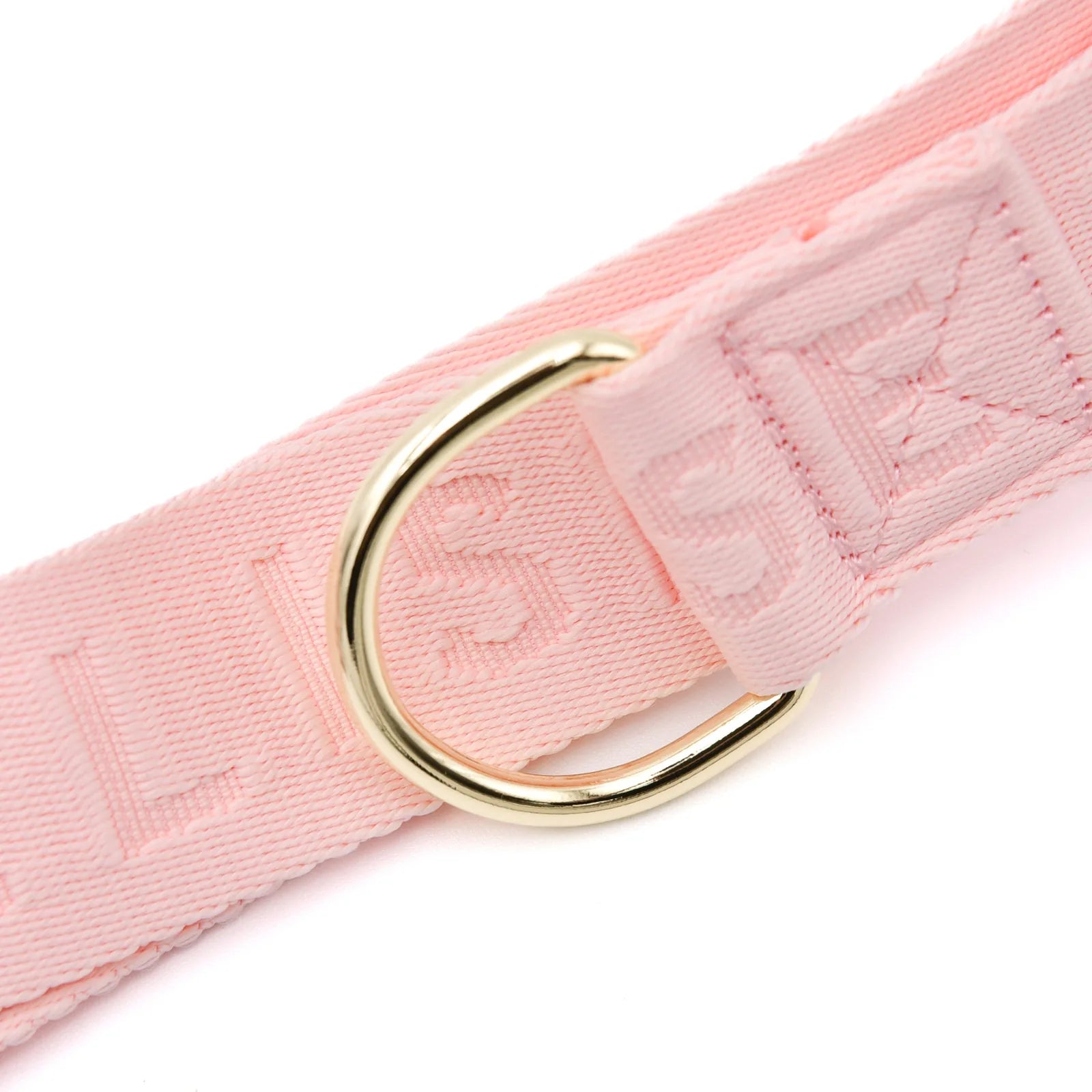 Pink nylon belt with embossed detailing and a gold D-ring for attaching accessories or a leash.