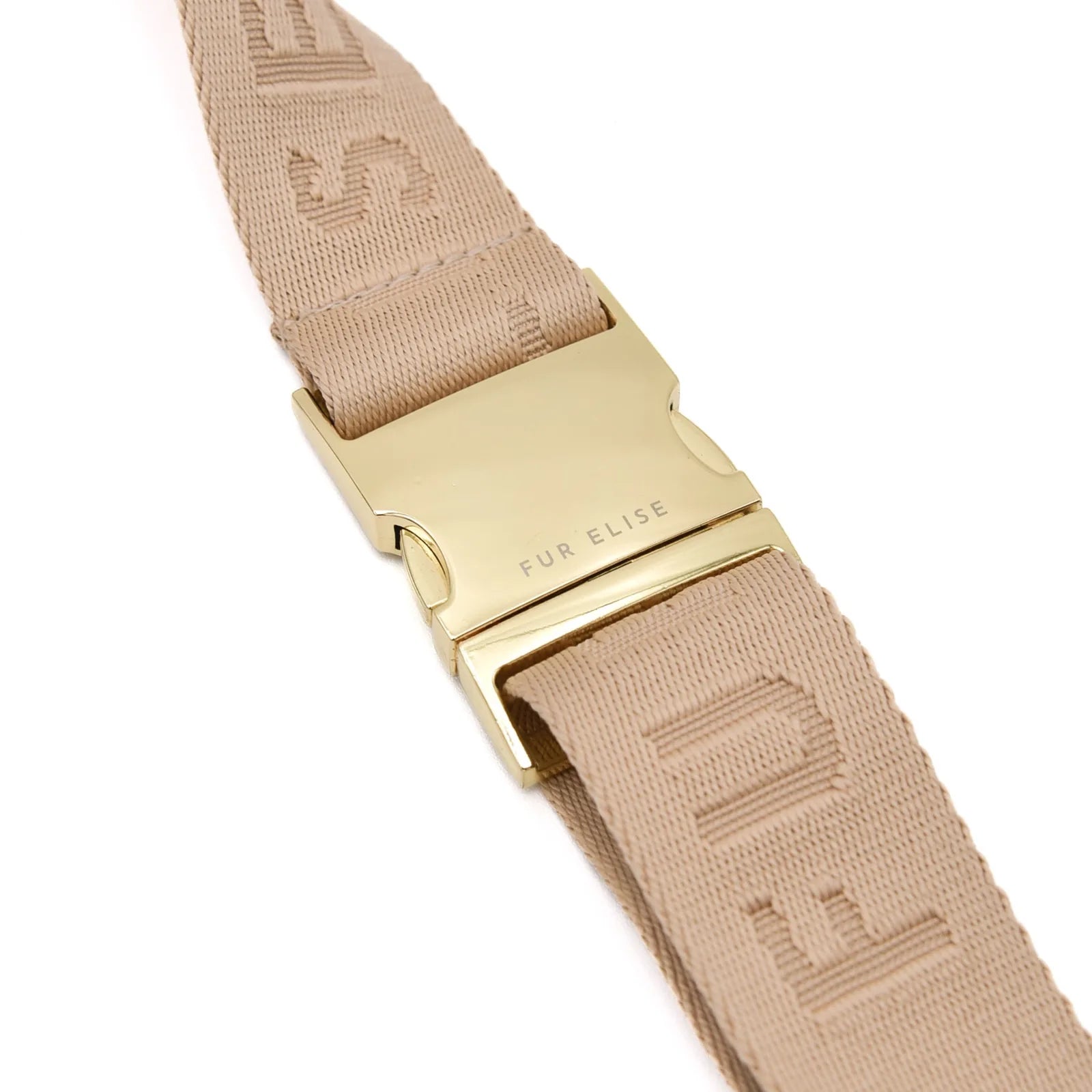 Adjustable nylon belt in sand color with gold buckle, featuring "FUR ELISE" embossed detail, ideal for hands-free dog walk...