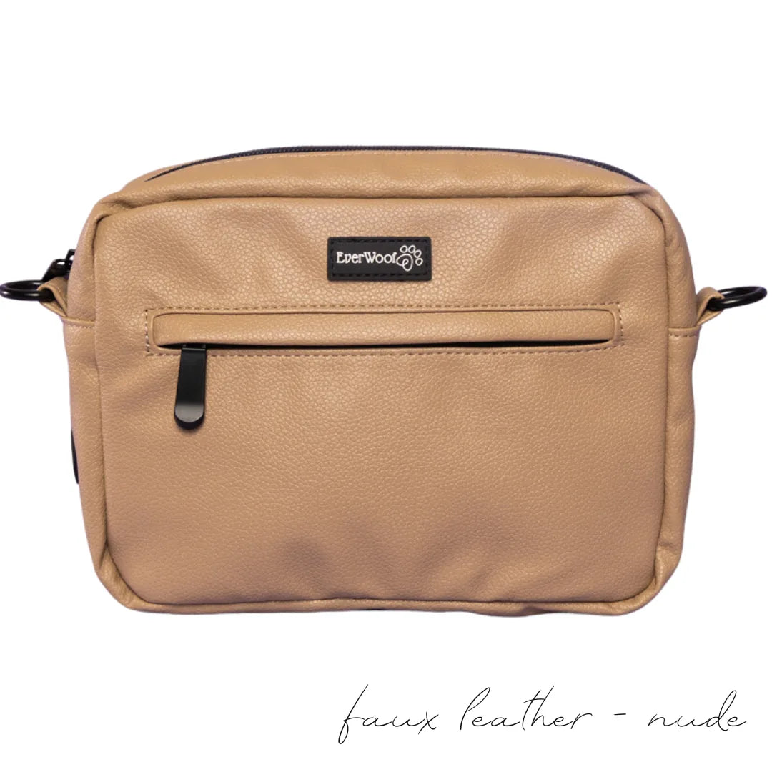 Faux leather nude walking bag by EverWoof with a front zipper pocket, designed for dog owners to carry essentials.
