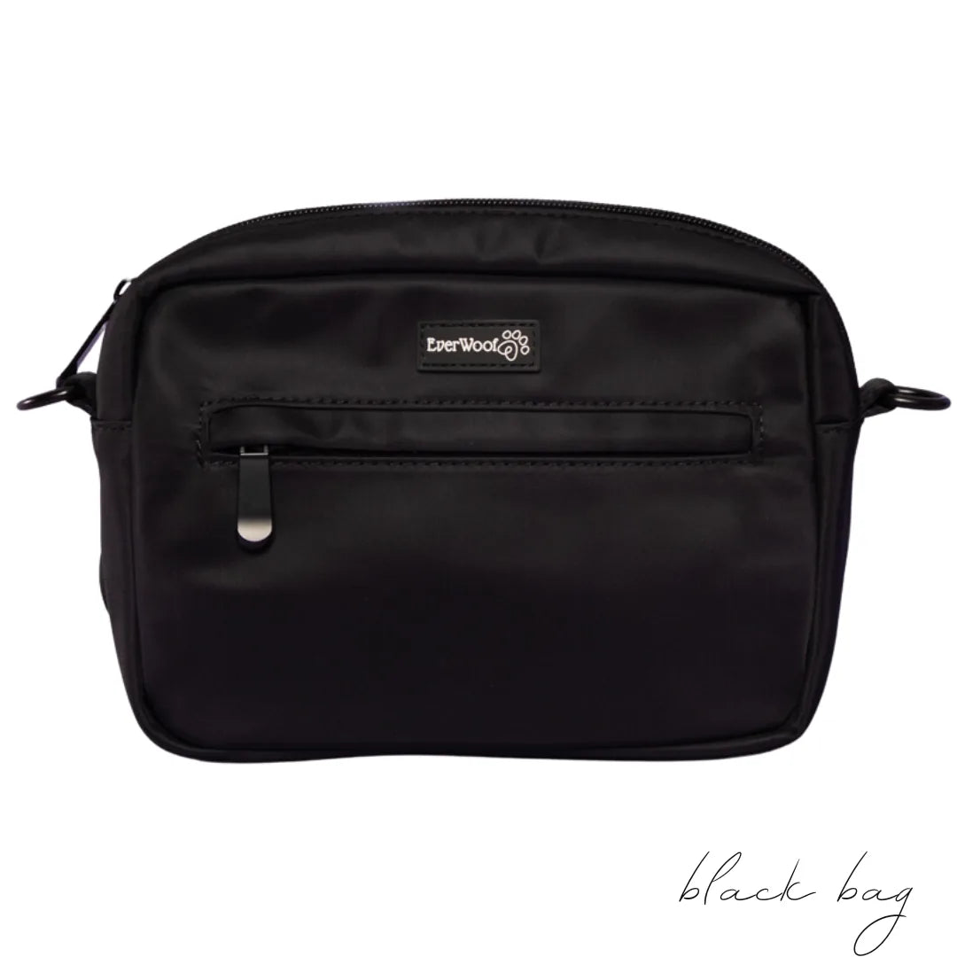 Black EverWoof dog walking bag with a front zipper pocket, designed for organizing essentials.