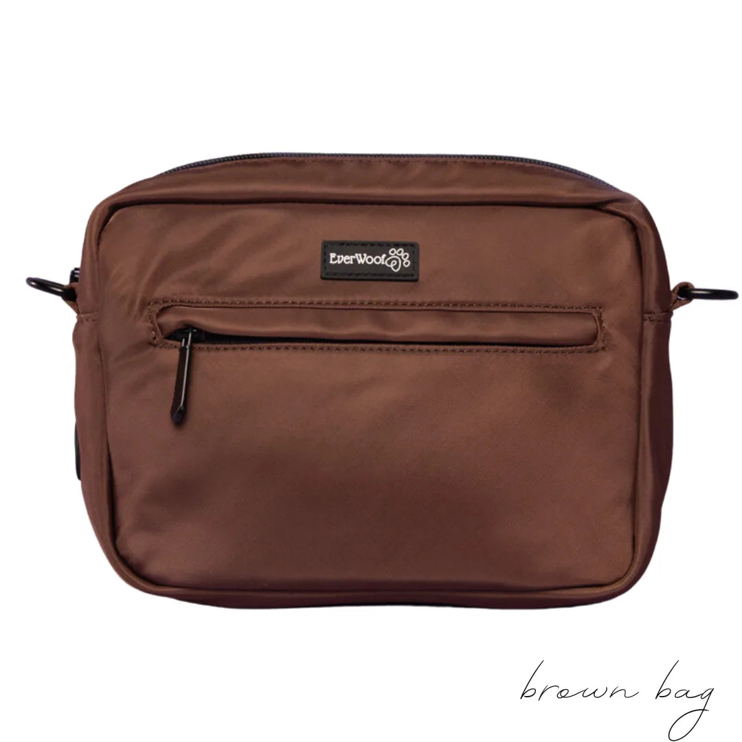 Brown EverWoof Doggy Owner Essentials Bag with front zipper pocket, perfect for organizing dog walking essentials.