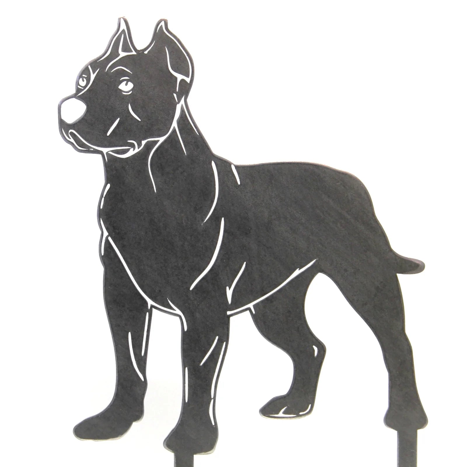 Dogo Argentino metal silhouette in matte black, showcasing detailed features and sturdy design for outdoor decor.