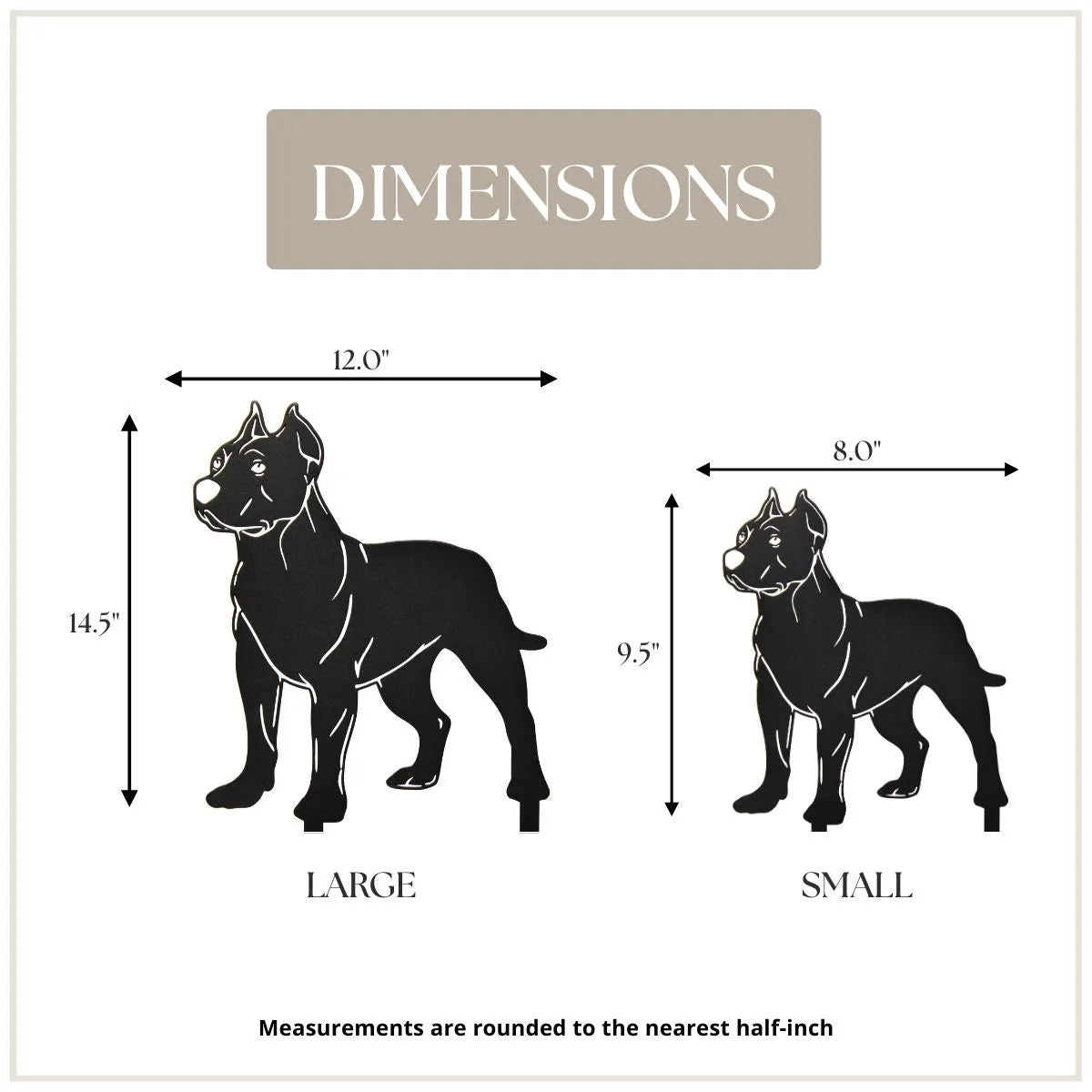 Dogo Argentino metal silhouette, available in large (14.5") and small (9.5"), features a sleek black finish.