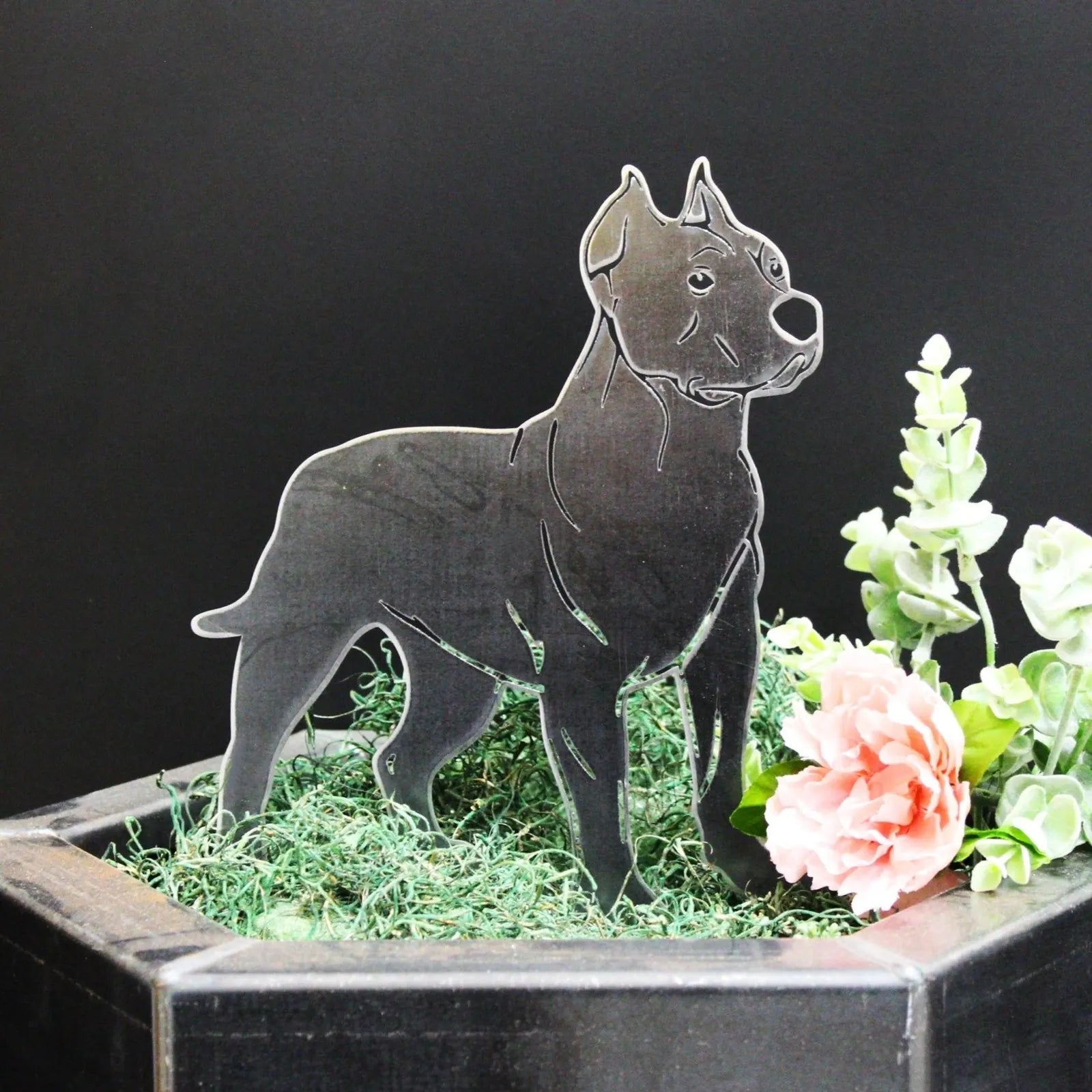 Black Dogo Argentino metal silhouette art piece displayed among green moss and flowers in a sleek black container.