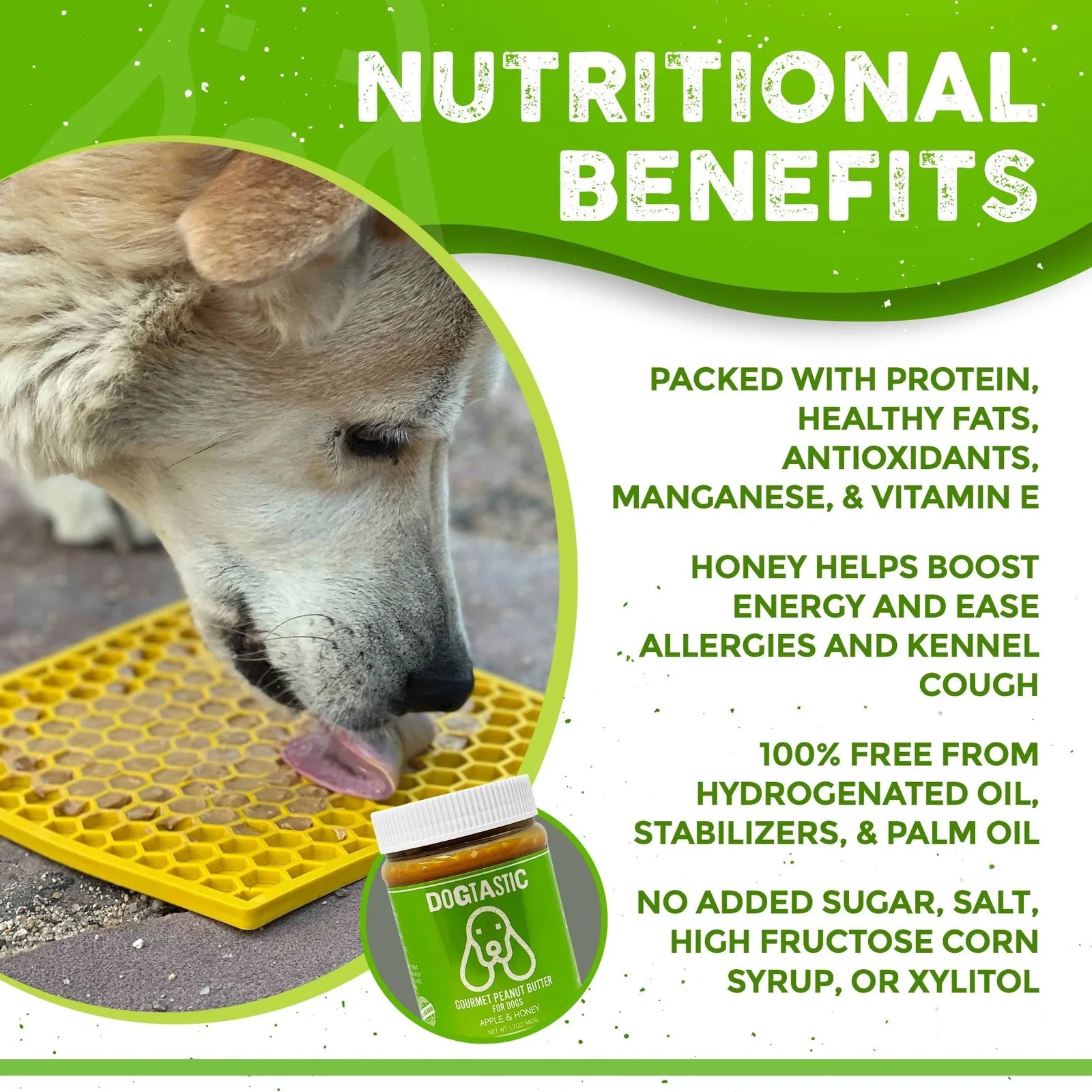 Dog enjoying Dogtastic Peanut Butter on a yellow lick mat, with a jar of the product nearby highlighting its benefits.