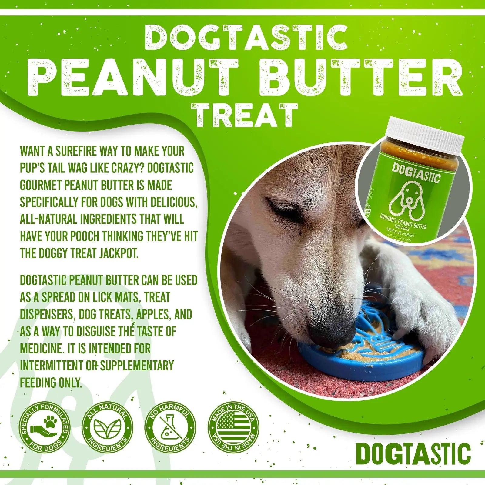 Dog enjoying Dogtastic Peanut Butter from a blue lick mat, showcasing its creamy texture and healthy ingredients.