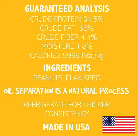 Bright yellow label displaying guaranteed analysis and ingredients for Dogtastic Peanut Butter, made in the USA.