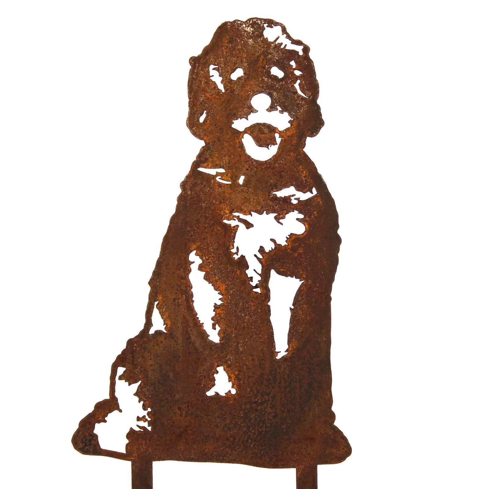 Rusty Doodle dog silhouette made from weathering steel, perfect for outdoor decor and garden art.
