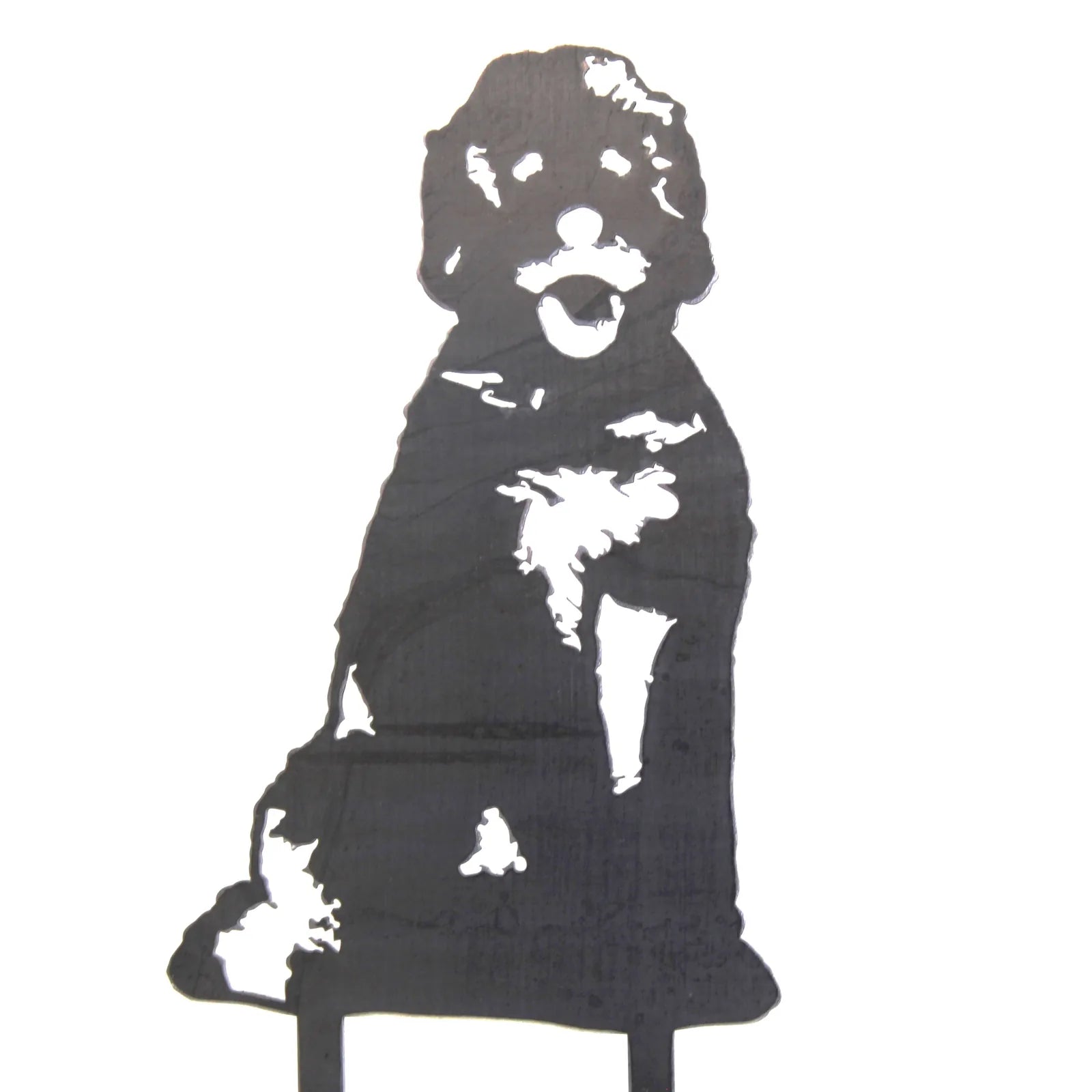 Black metal silhouette of a dog, showcasing intricate detailing in the fur, ideal for garden or outdoor decor.