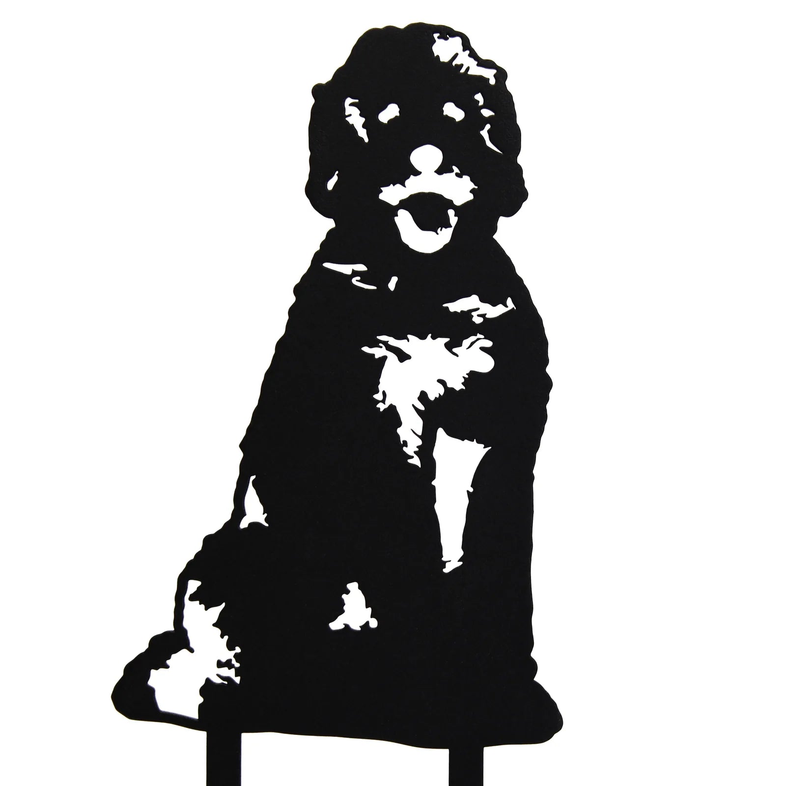 Black metal silhouette of a seated Doodle dog, featuring detailed cuts for texture and expression, perfect for outdoor decor.