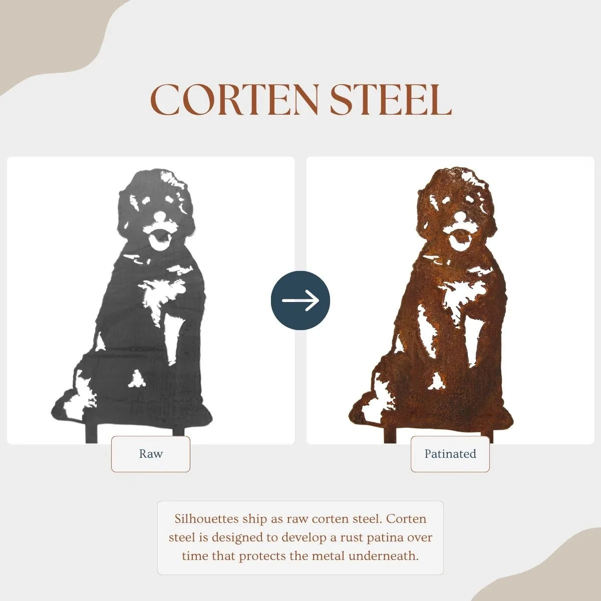 Doodle dog silhouette in raw and patinated corten steel, showcasing a weathered, rustic look ideal for outdoor decor.