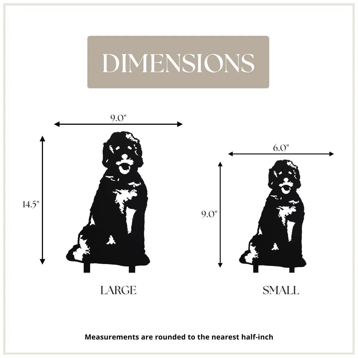 Black metal dog silhouette dimensions, showcasing a large (14.5") and small (9") version for outdoor decor.