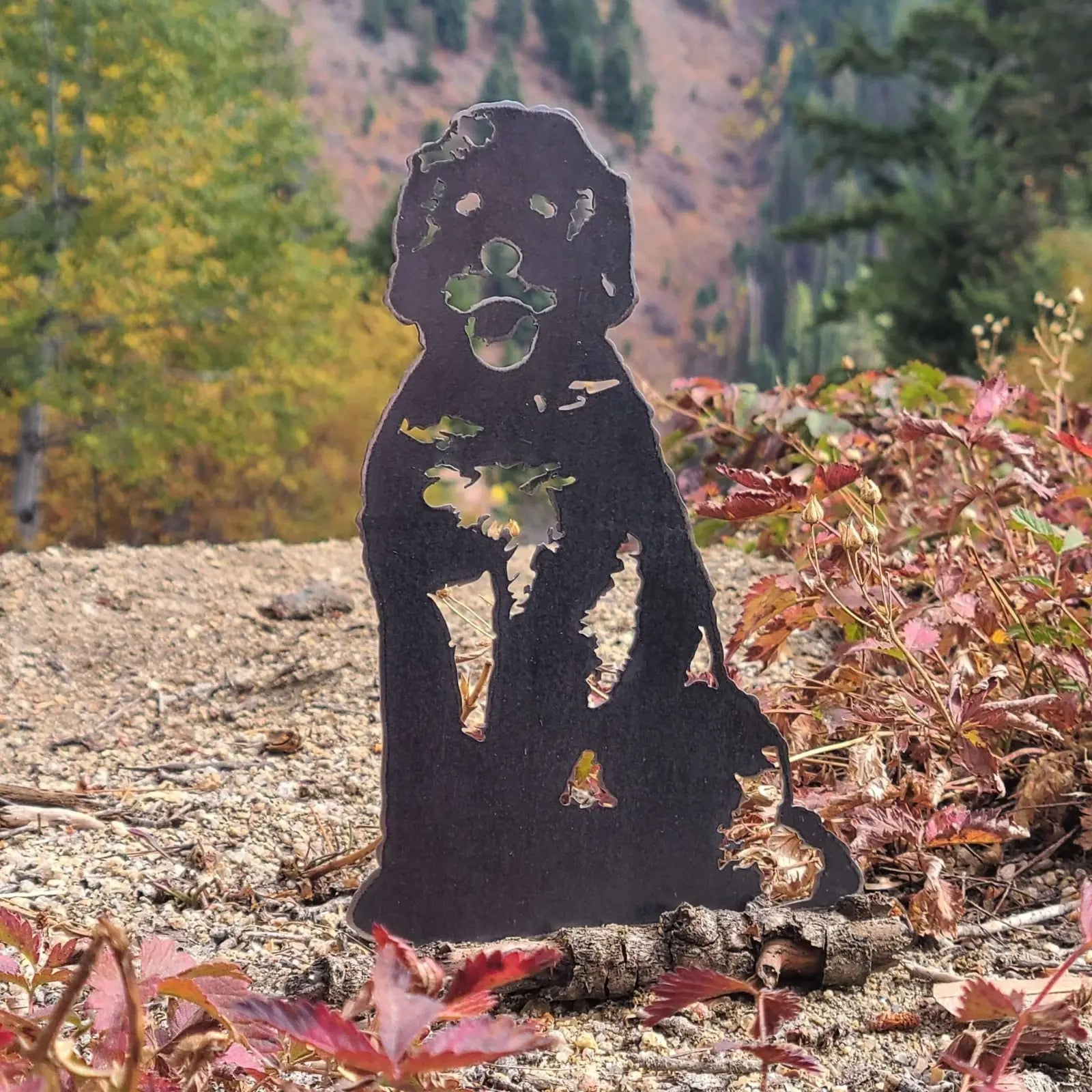 Black Doodle metal silhouette standing in a garden setting among colorful foliage and gravel, showcasing unique outdoor de...