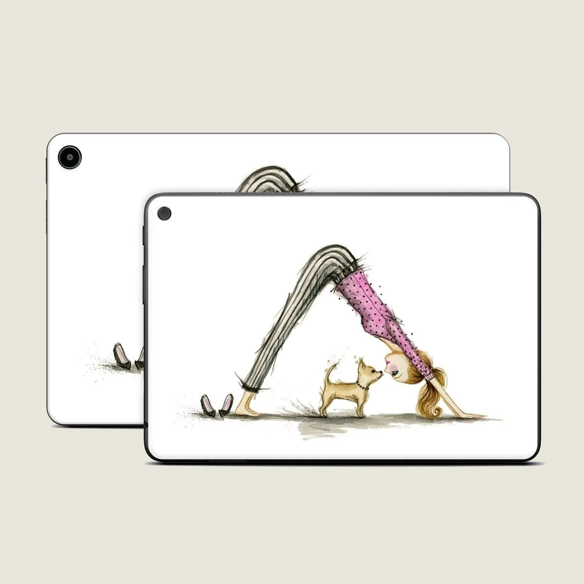 Downward Dog design featuring a woman in pink and striped pants with a small dog, printed on Amazon Fire tablet skins.