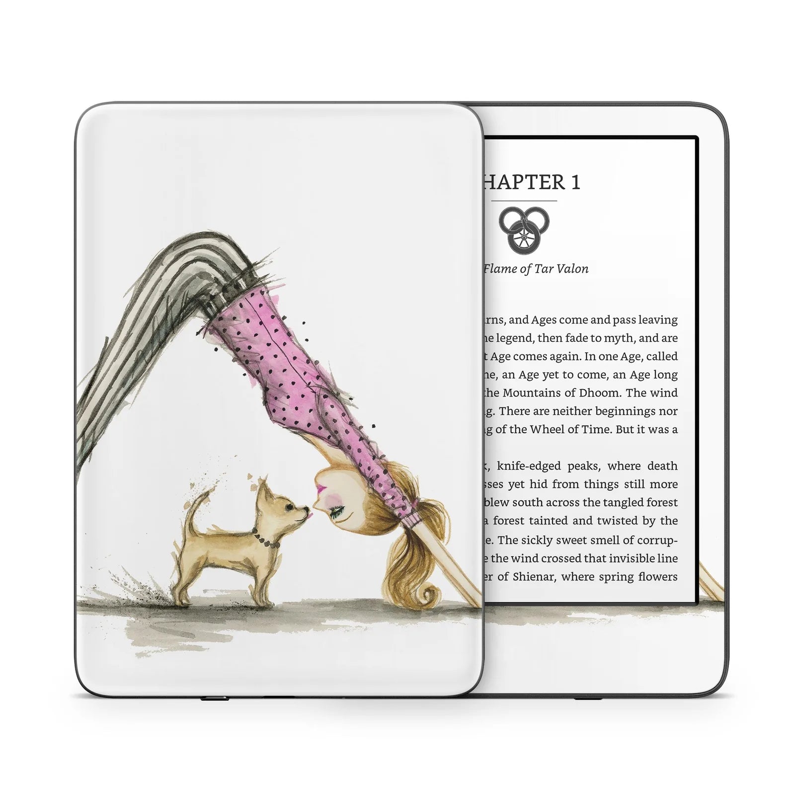 Kindle skin featuring a girl in a downward dog pose with a small dog, illustrated in soft colors and playful design.