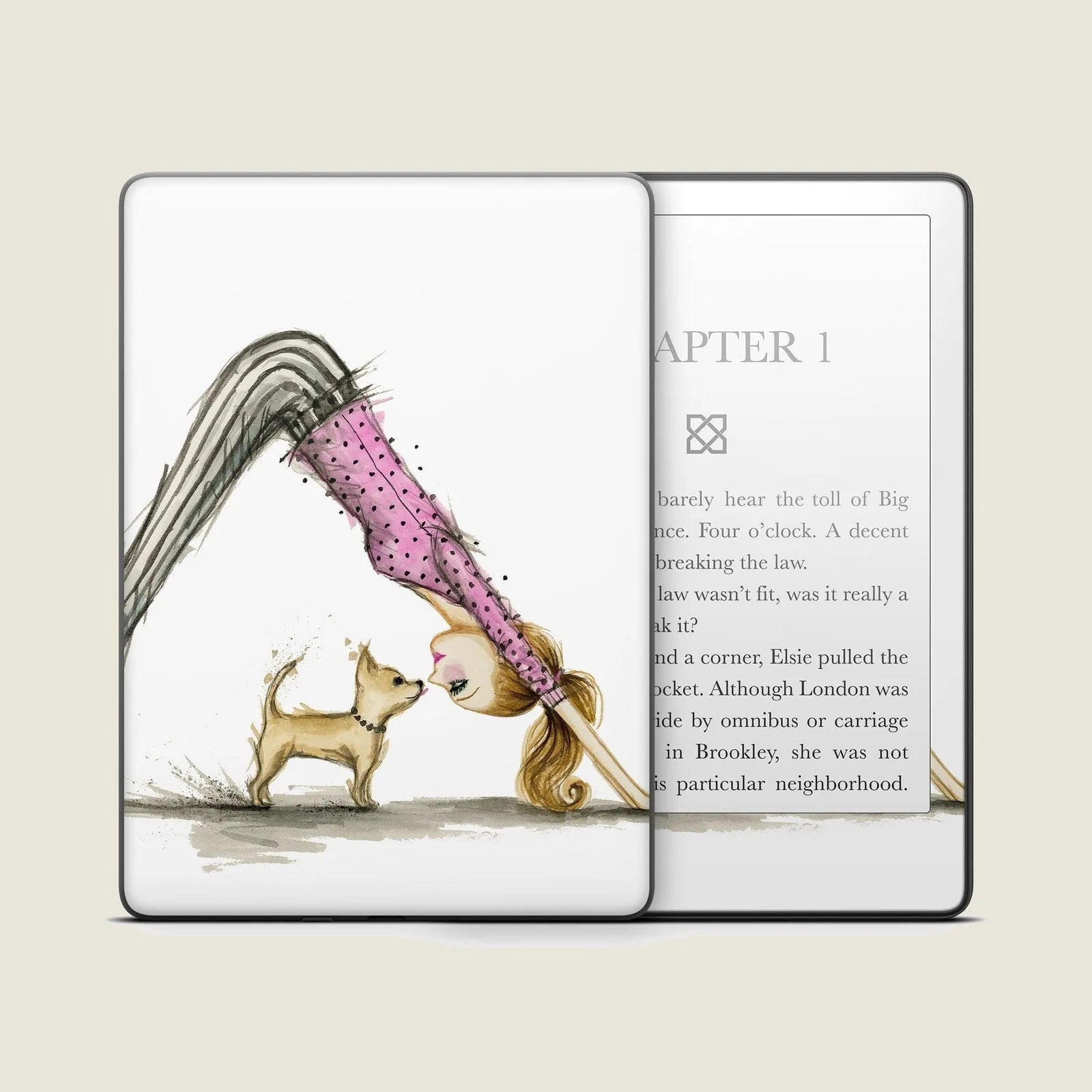 Kindle skin featuring a playful illustration of a girl in a pink polka-dot outfit with a dog, protecting the device from s...