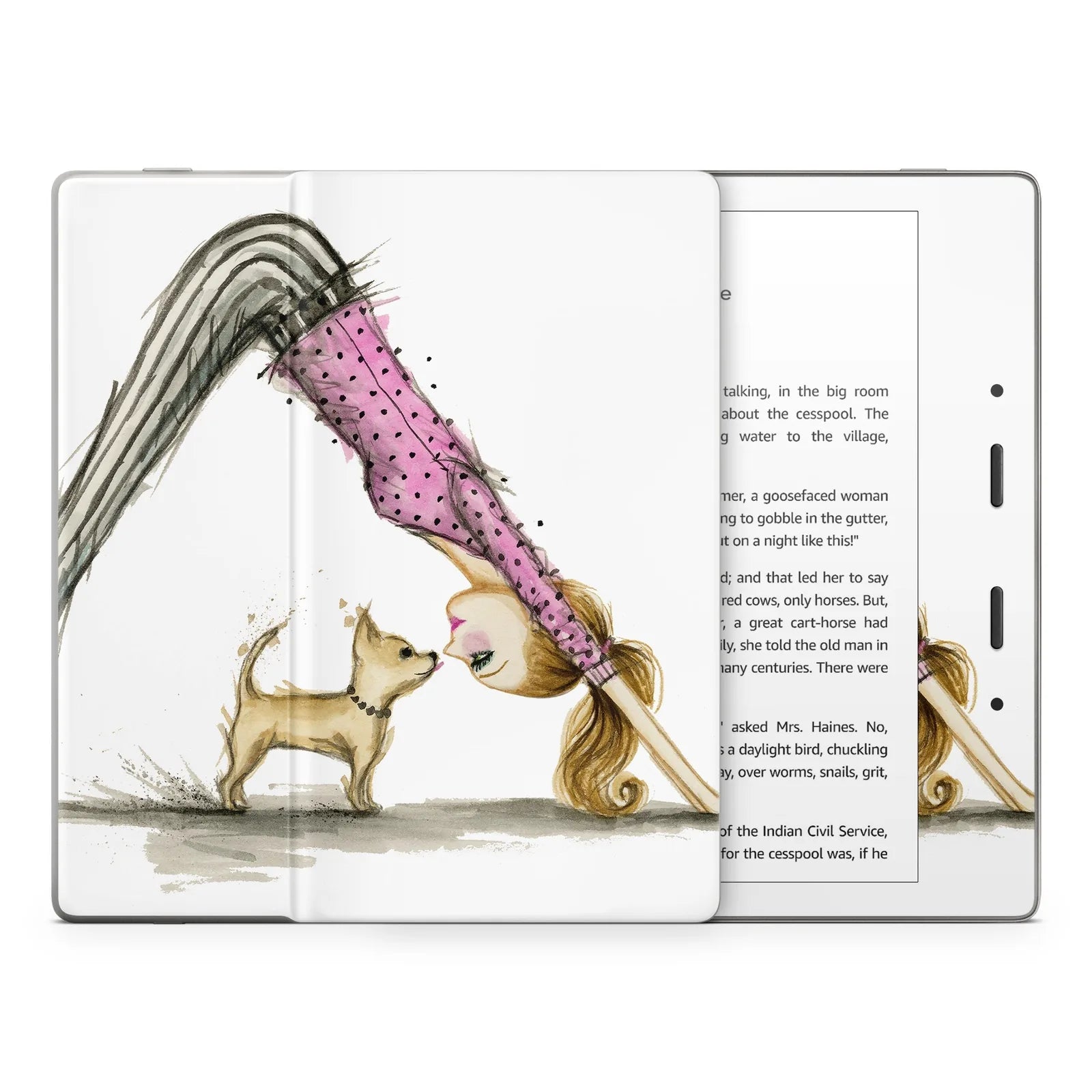 Downward Dog Kindle skin featuring a playful illustration of a woman in a pink top and striped pants with a dog.