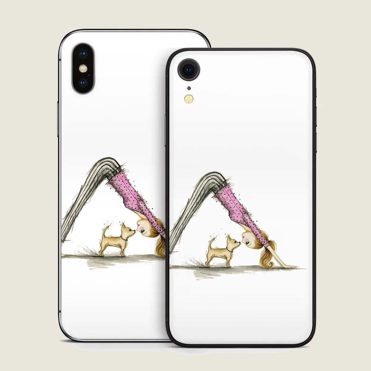 Downward Dog design on white iPhone skins featuring a girl and a small dog, blending playful art with phone protection.
